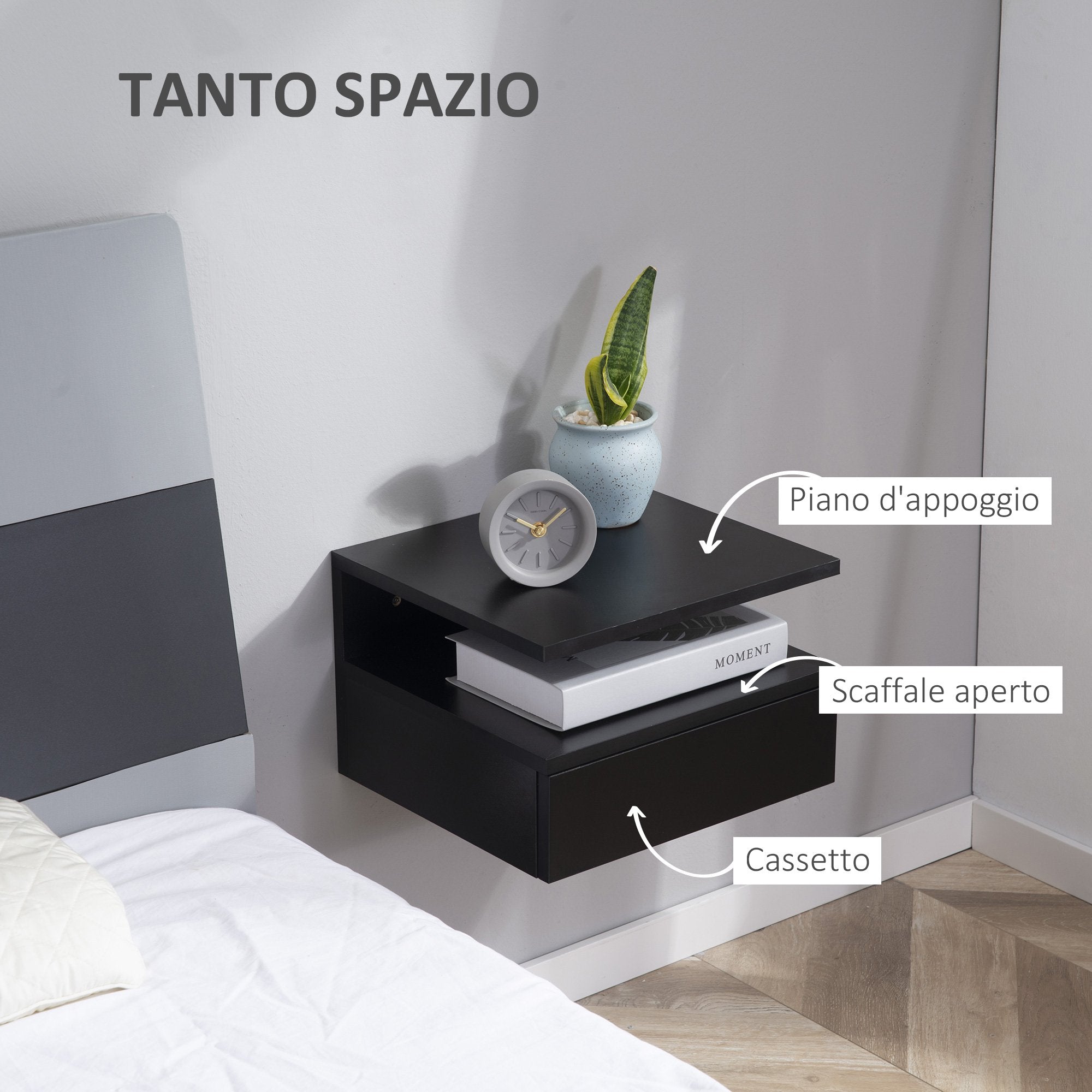 Easycomfort Set da 2 Comodini Sospesi per Camera da Letto con Cassetto e Mensola Superiore in Legno 35x32x22.5cm