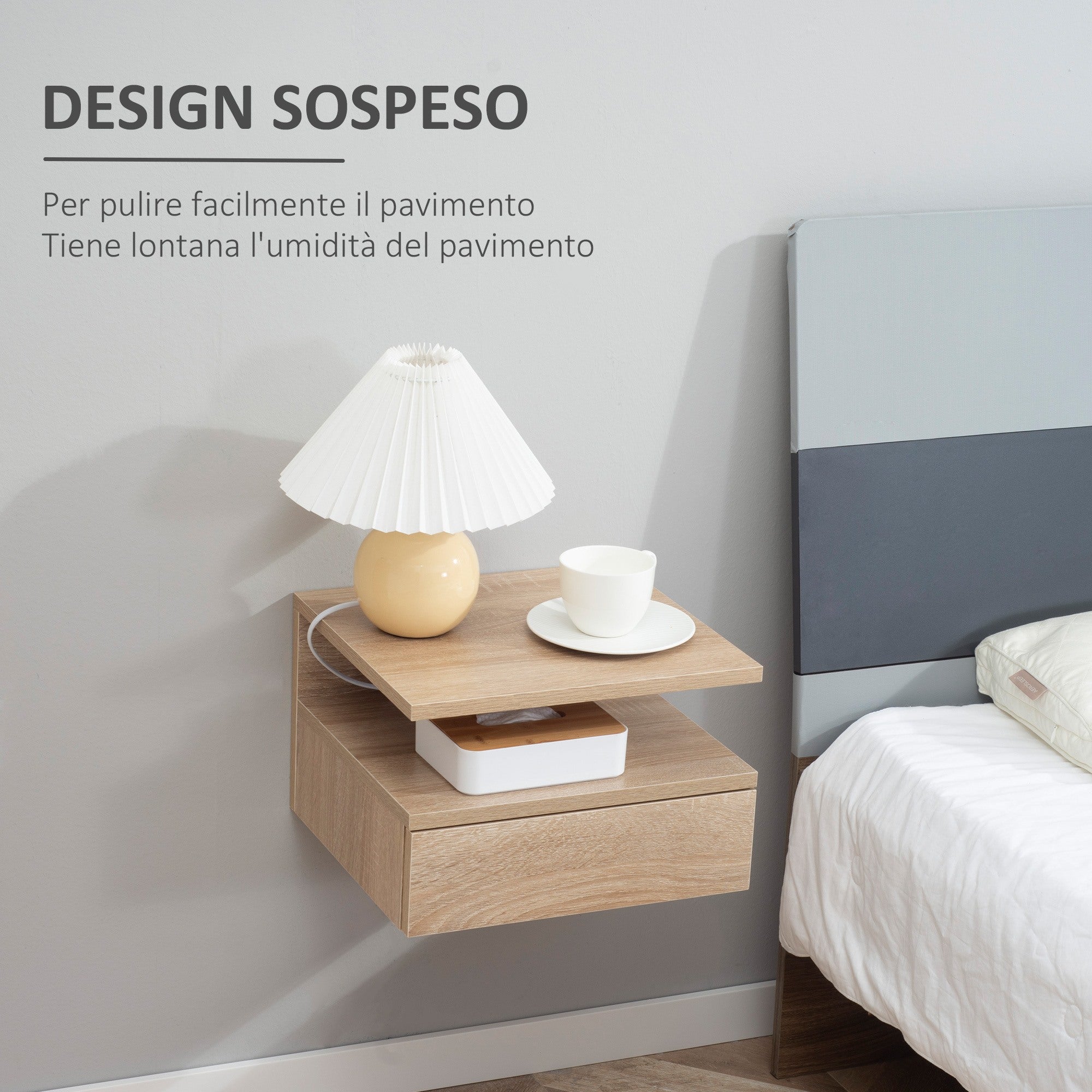 Easycomfort Set da 2 Comodini Moderni Sospesi con Cassetto e Ripiano in Legno 35x32x22.5cm, Rovere