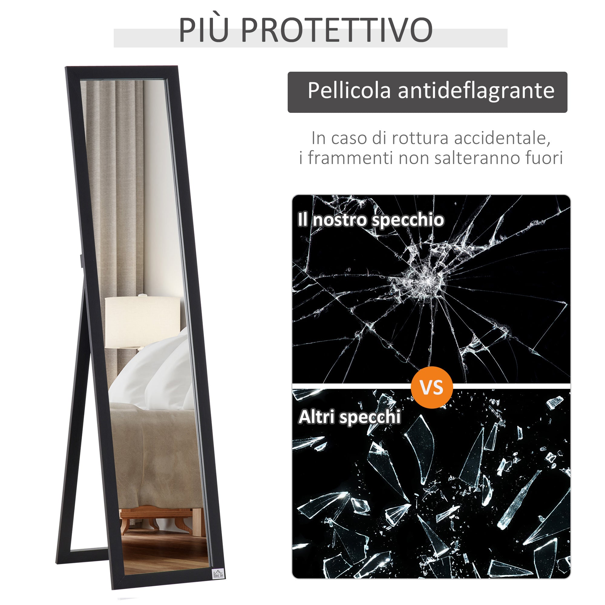 Easycomfort Specchio da Terra e Parete con Supporto Richiudibile e Cornice in MDF, 37x48x152cm, Nero