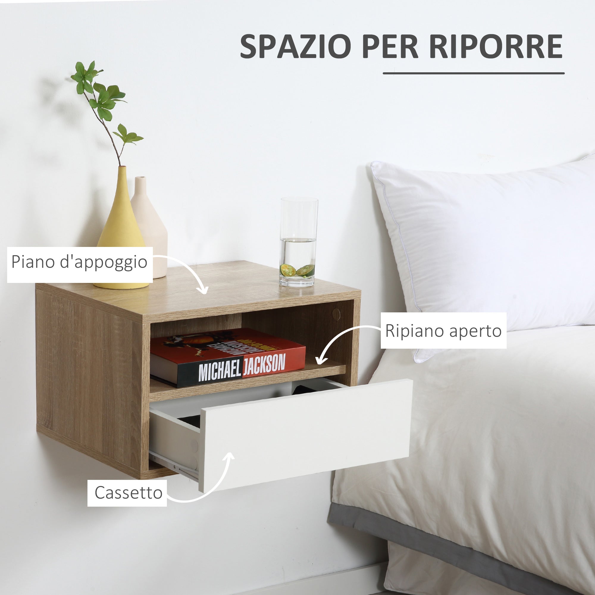 EasyComfort Set 2 Comodini Sospesi con Cassetto e Ripiano 45x35x27.5cm - Bianco e Color Legno