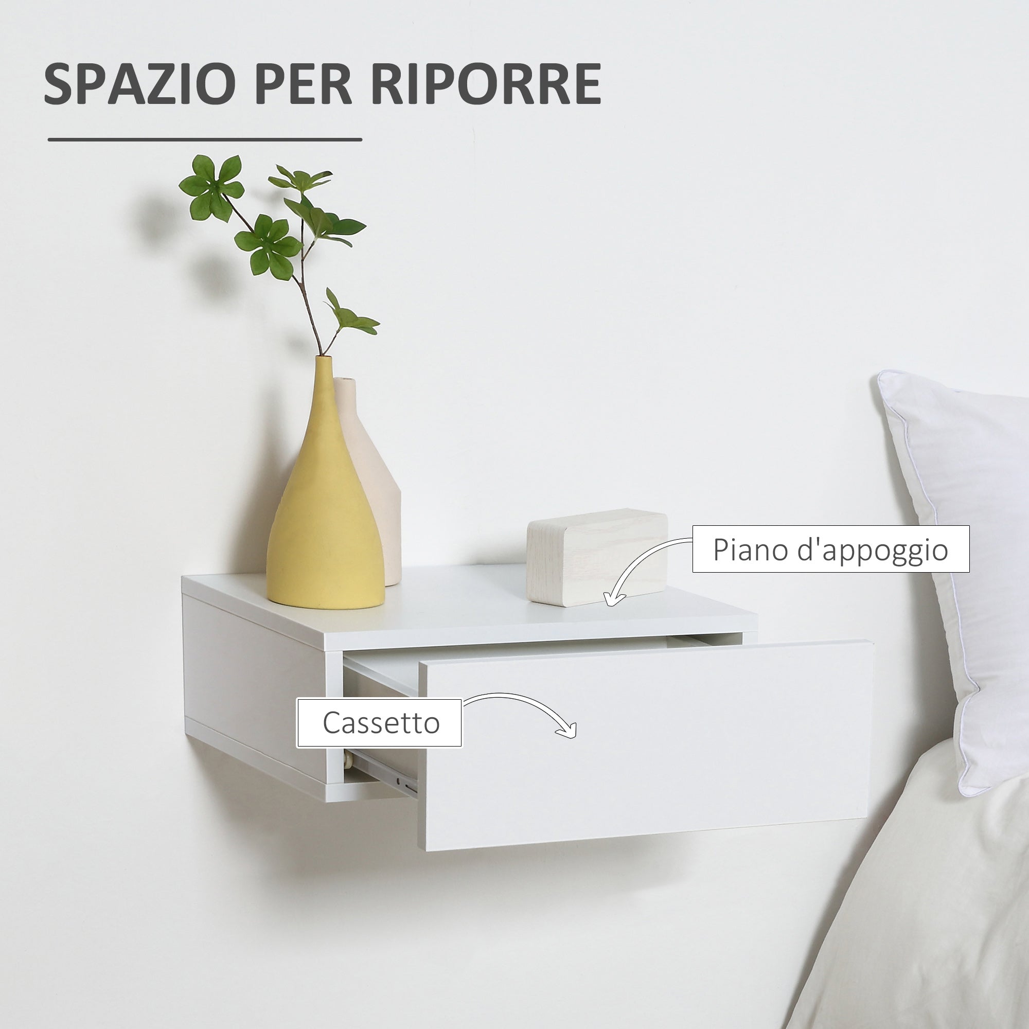 Easycomfort Set 2 Comodini Sospesi in Legno, Design Moderno, 40x30x15cm - Bianco