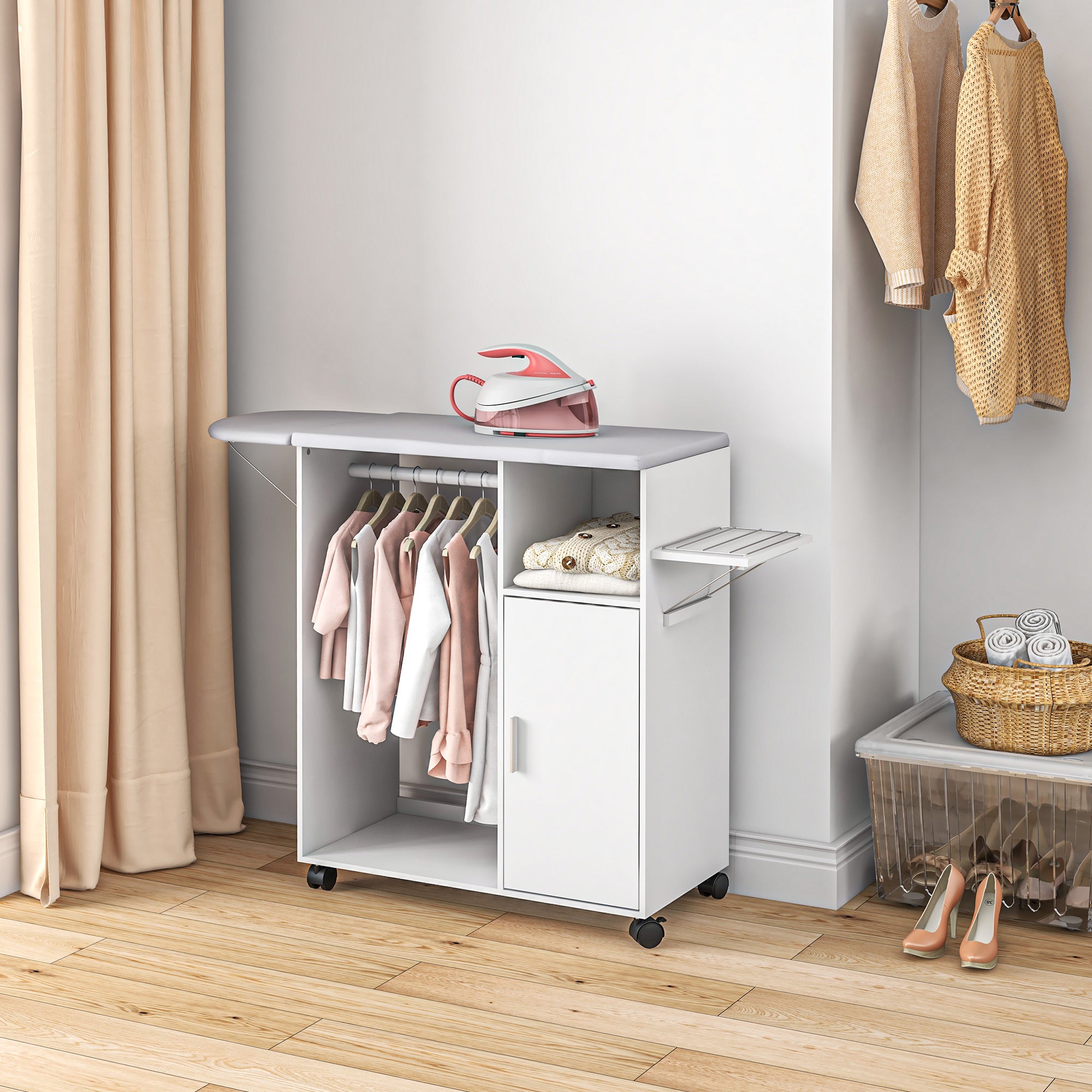 Easycomfort Mobile Asse da Stiro con Piano d'Appoggio, 3 Ripiani a Cubo e Guida, 107x42.5x99cm, Bianco