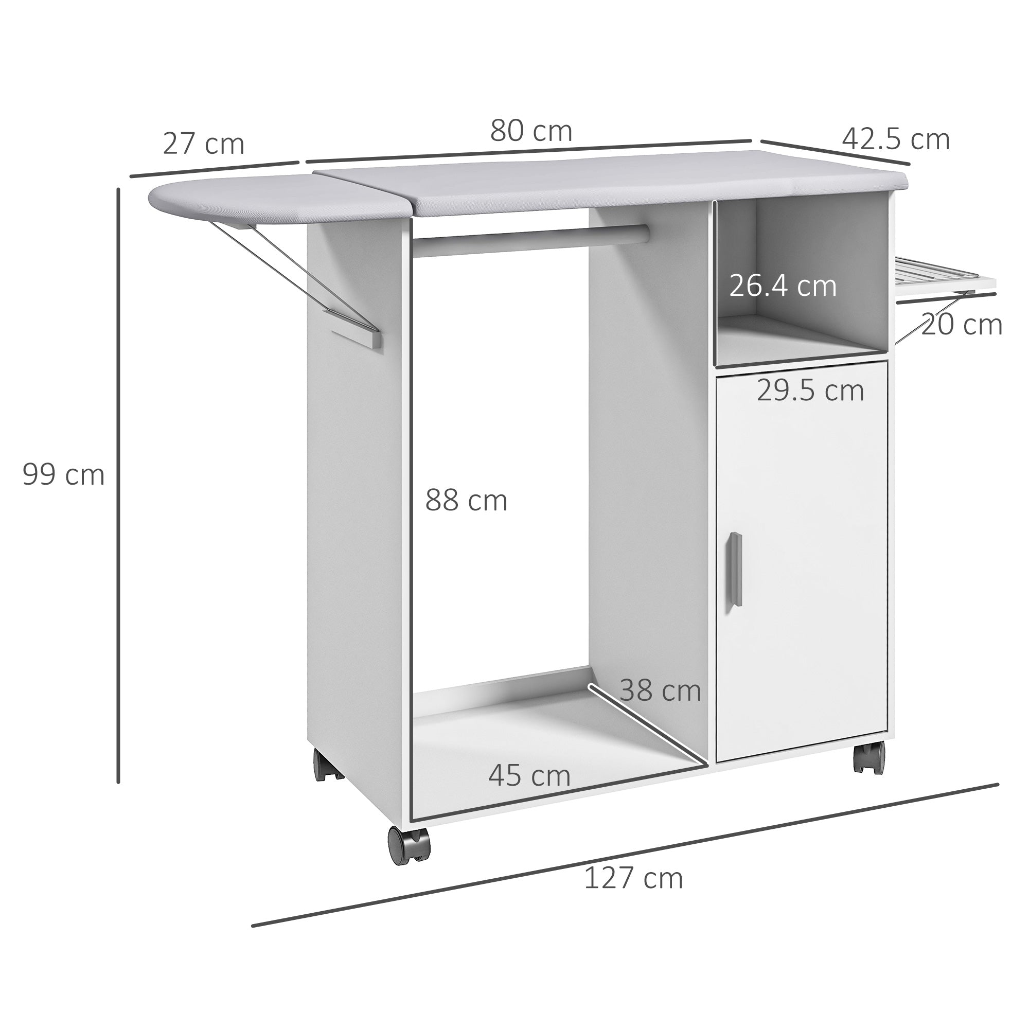 Easycomfort Mobile Asse da Stiro con Piano d'Appoggio, 3 Ripiani a Cubo e Guida, 107x42.5x99cm, Bianco