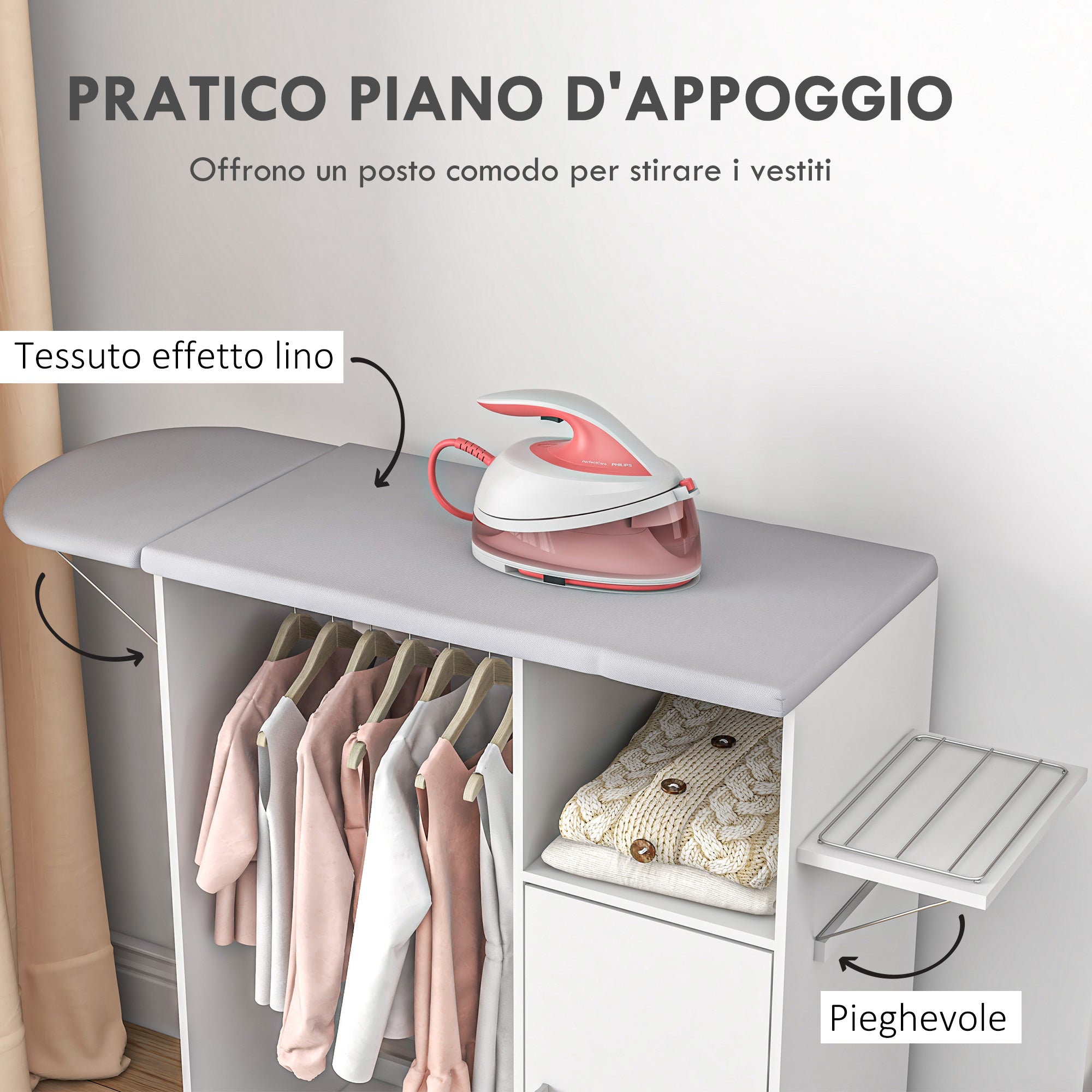 Easycomfort Mobile Asse da Stiro con Piano d'Appoggio, 3 Ripiani a Cubo e Guida, 107x42.5x99cm, Bianco