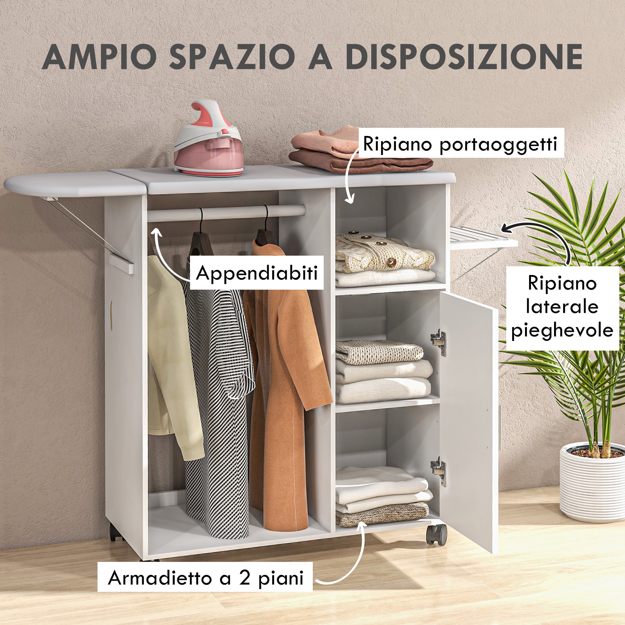 Easycomfort Mobile Asse da Stiro con Piano d'Appoggio, 3 Ripiani a Cubo e Guida, 107x42.5x99cm, Bianco