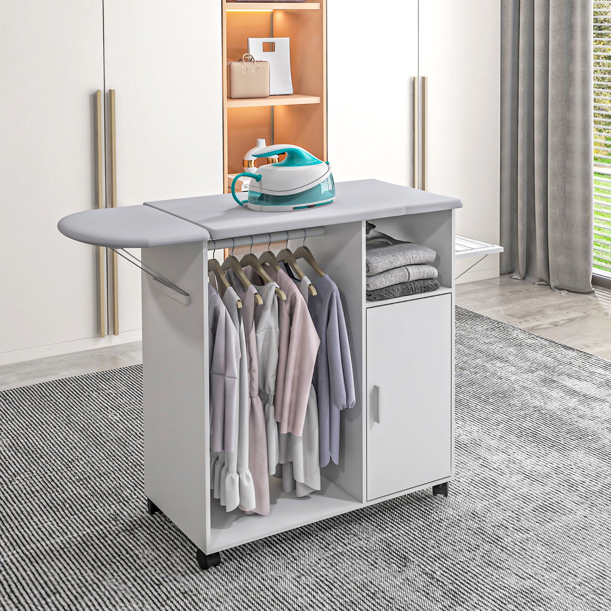 Easycomfort Mobile Asse da Stiro con Piano d'Appoggio, 3 Ripiani a Cubo e Guida, 107x42.5x99cm, Bianco