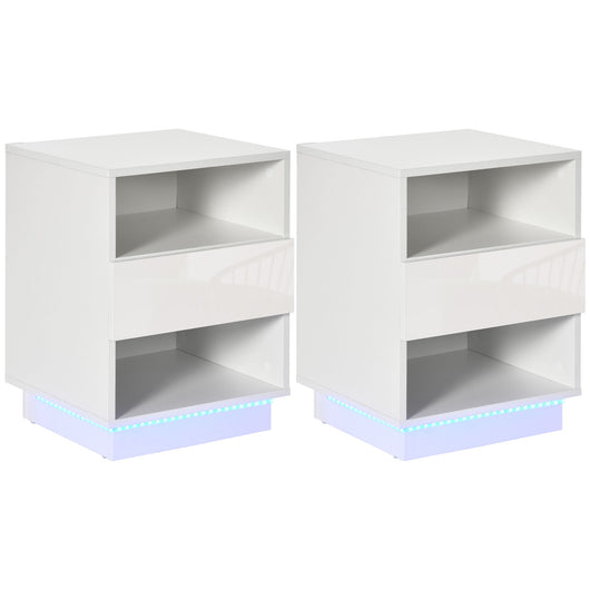 Easycomfort Comodini Moderni con LED, Set 2 Pezzi in Truciolato Bianco con Cassetto e 2 Ripiani Aperti, 40x40x55 cm