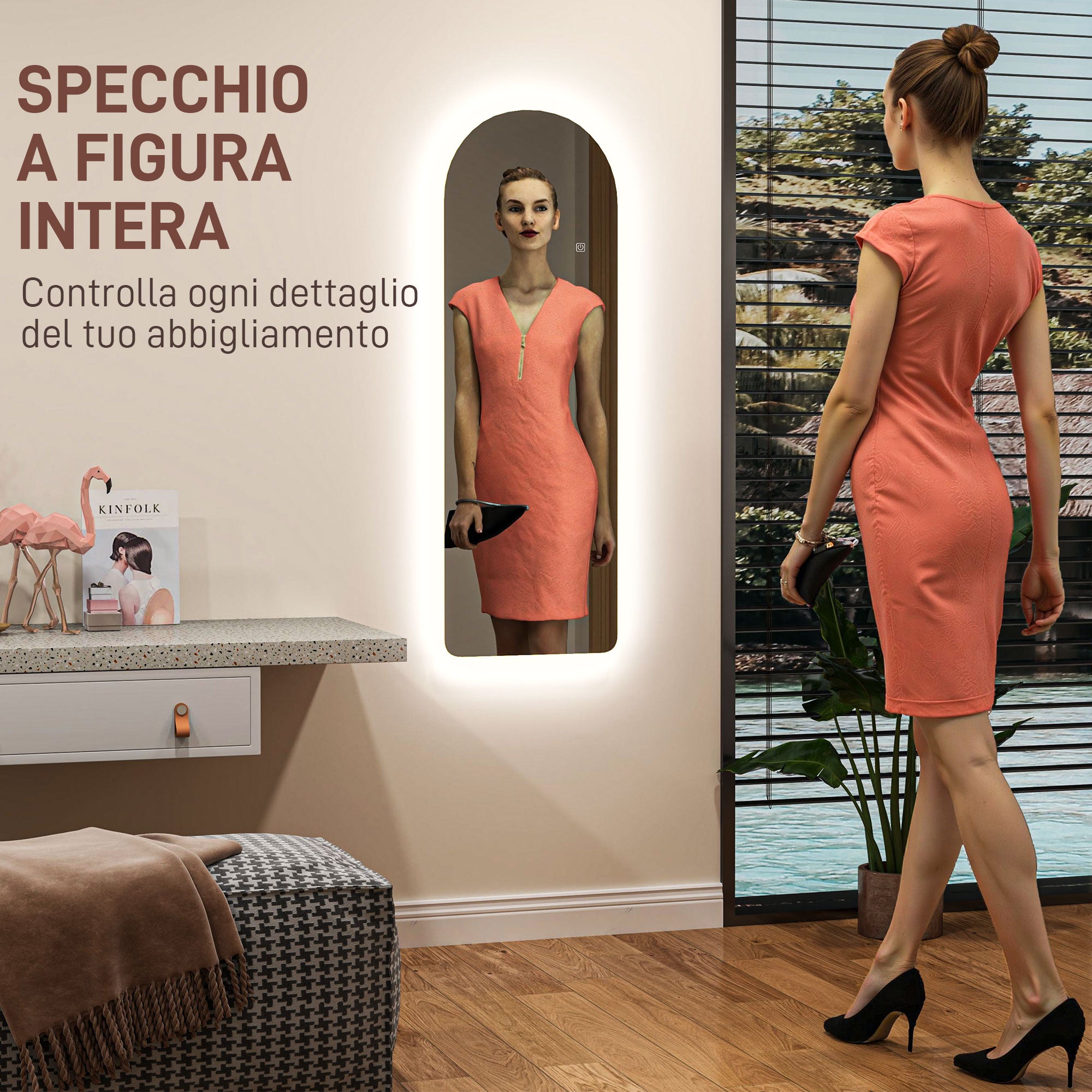 EasyComfort Specchio da Parete ad Arco con Illuminazione LED Regolabile e Controllo Touch, in Vetro Temperato, 40x3x120 cm