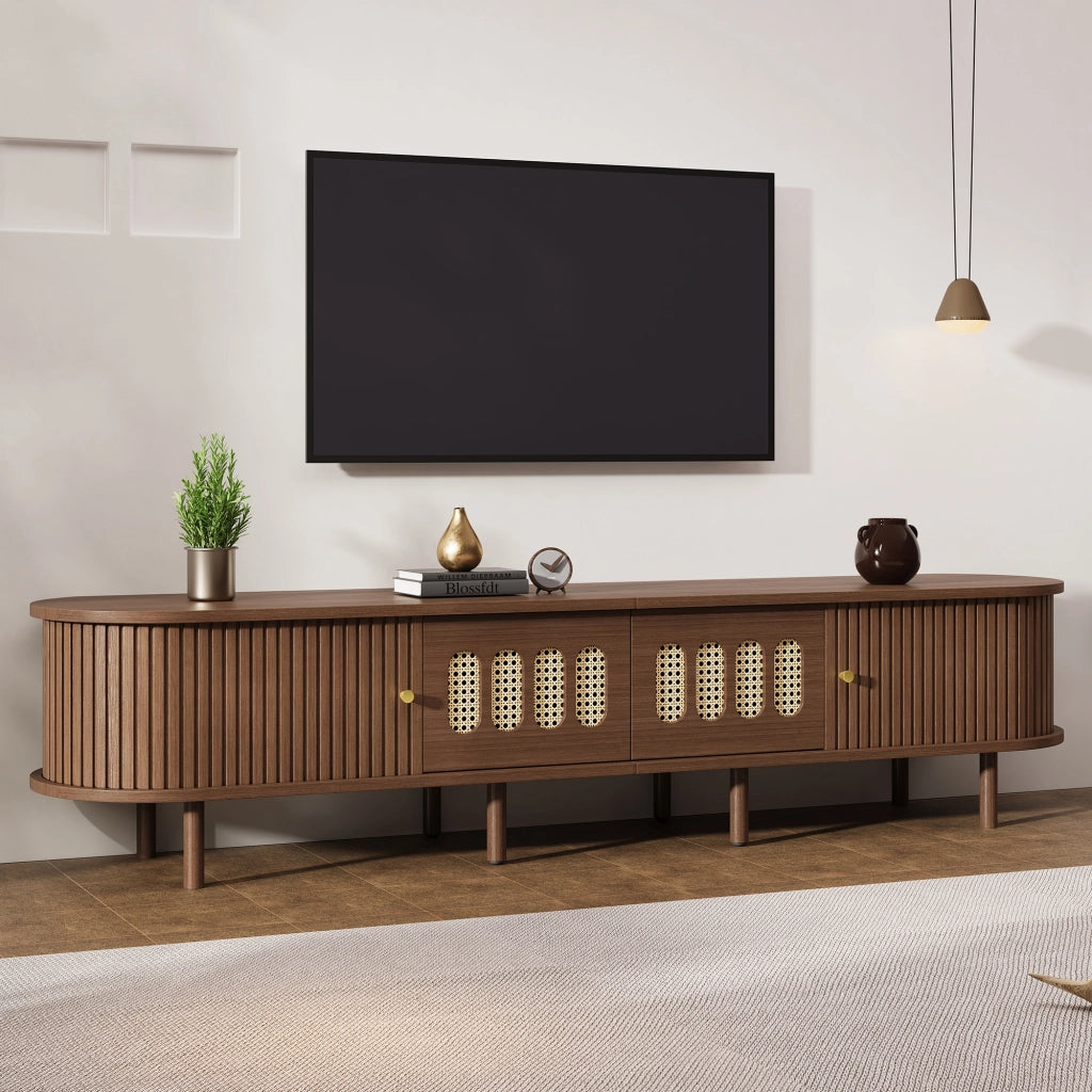 Mobile porta TV con 2 cassetti e 2 ante avvolgibili, fronti in rattan, per soggiorno, in MDF, noce, 180 × 40 × 40 cm