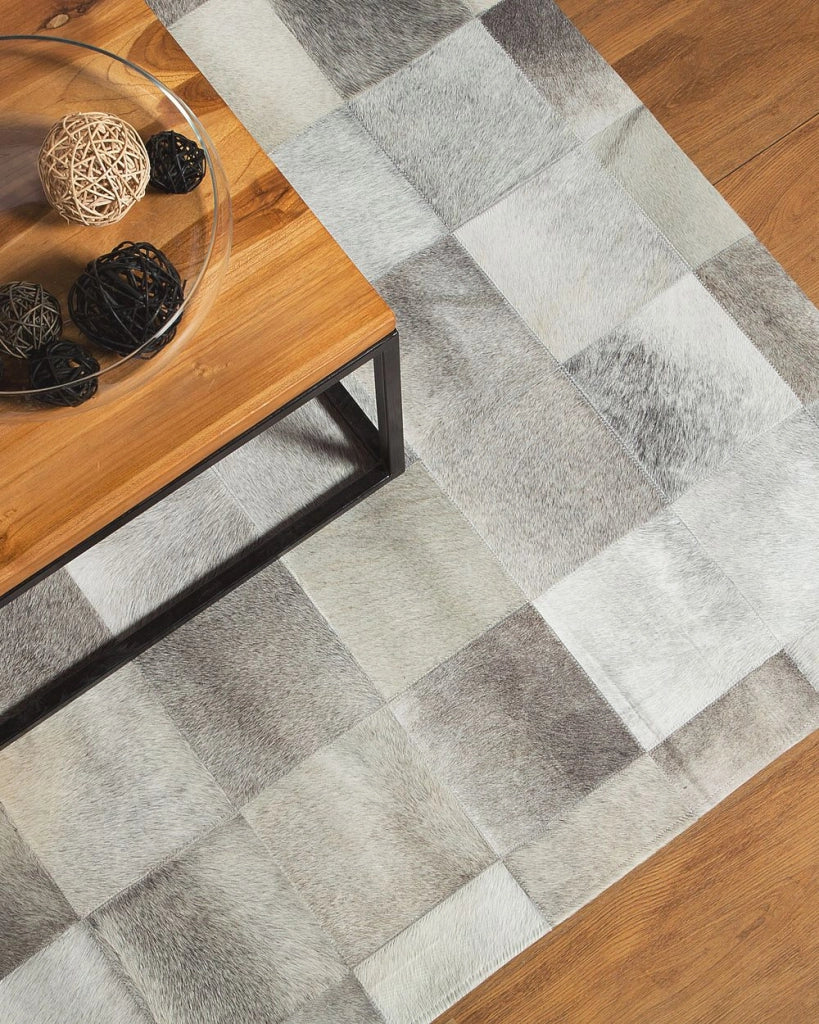 Tappeto tappetino Grigio Pelle 140 x 200 cm Patchwork Pelle Bovina Geometrico Rettangolare Moderno
