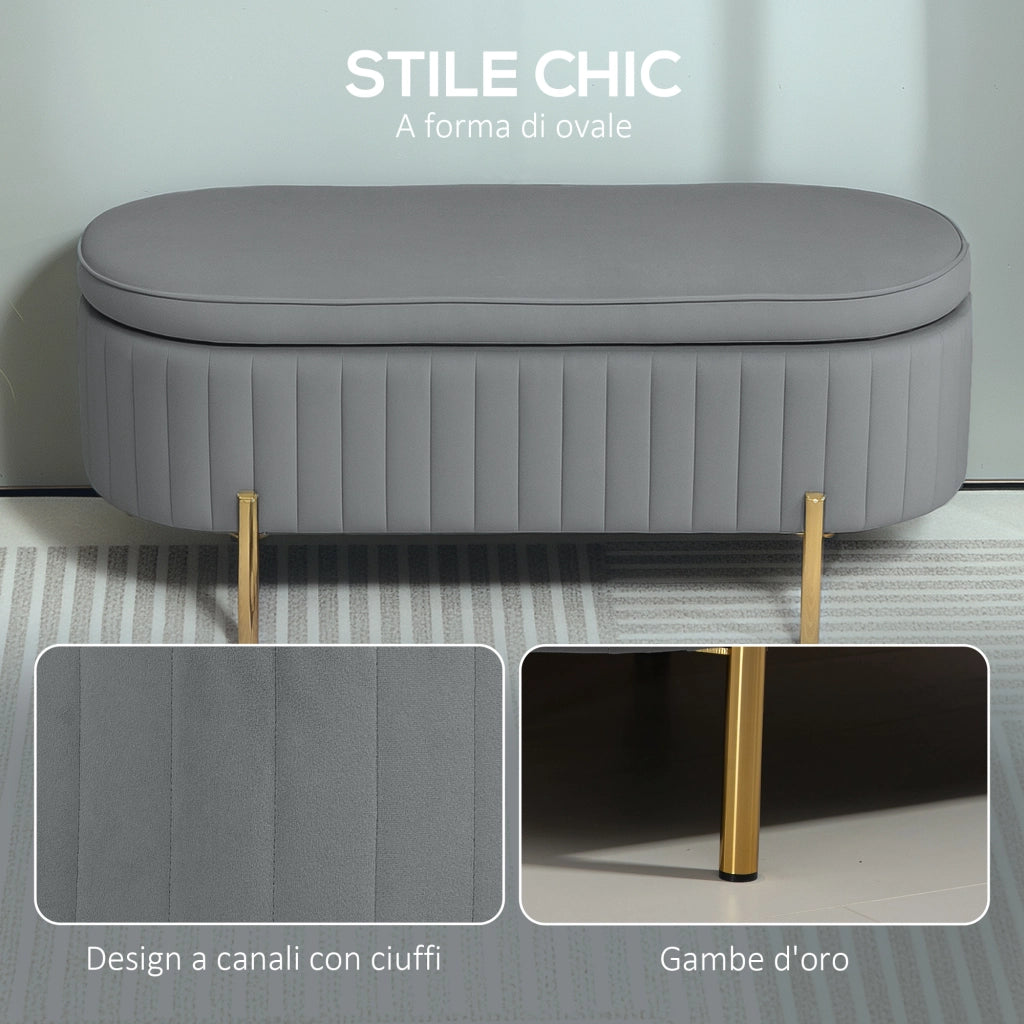 Panca Contenitore Ovale da 72L con Coperchio Sollevabile. in Tessuto Vellutato e Legno. 108x44x43.5 cm. Grigio