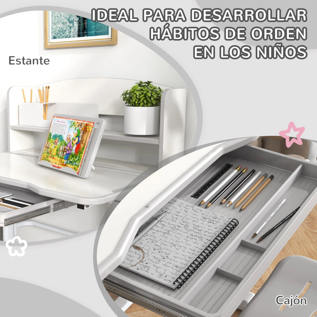 Scrivania per Bambini con Cassetto e Ripiano ¨C Zephmum ¨C Grigio e Bianco 80x54,5x82-104 cm