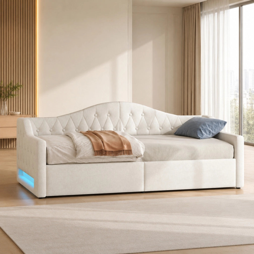 LETTO DA GIORNO 90x200 cm Imbottito Beige con LED e vano contenitore