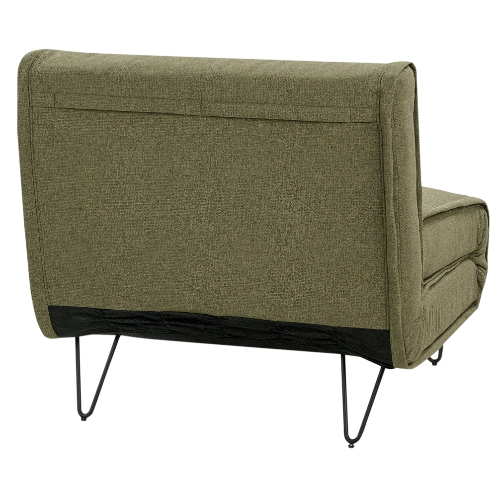 Divano letto singolo a 1 posto con cuscino in tessuto verde oliva senza braccioli con cuscino gambe in metallo glamour