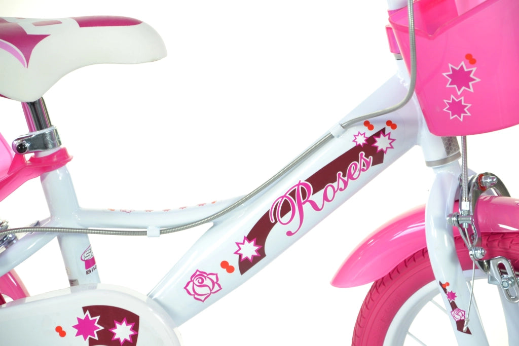 SCH ROSES 14", bicicletta per bambini, adatta tra i 4 e i 6 anni, per altezza tra 100 e 120 cm, con cestino, campanello