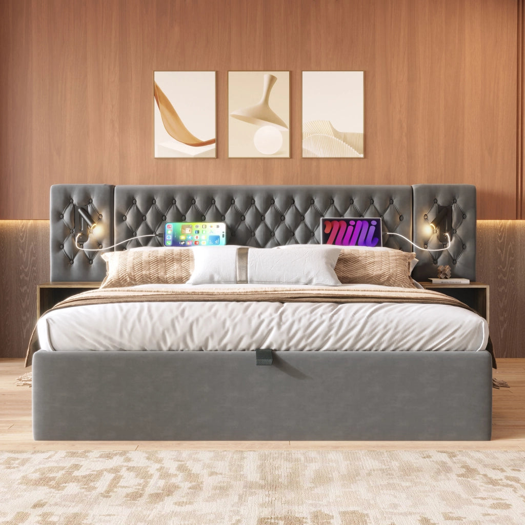 OKWISH Camera Completa con Letto Contenitore Idraulico 180 x 200 cm e 2 Comodini con Luci da Lettura e Porte USB, Velluto Grigio