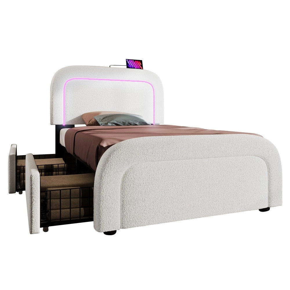 Letto Singolo Imbottito con LED, USB, Cassetti e Rete a Doghe ¨C MINIMAL ¨C 90x200, Bianco