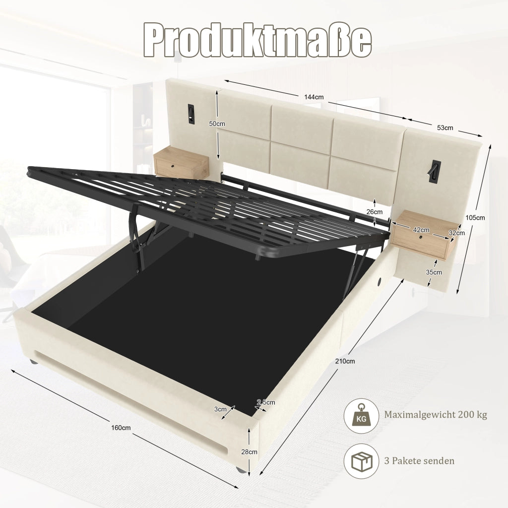 LETTO Contenitore 160x200 cm in velluto beige con testiera ampia, LED e USB-C