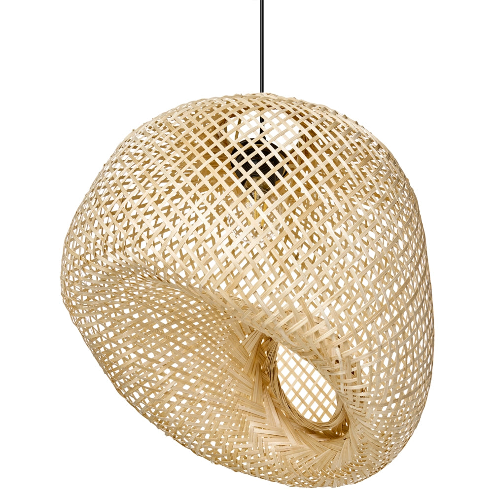 Lampada a sospensione con paralume in bambù naturale Forma irregolare moderna intrecciata Illuminazione del soggiorno e della sala da pranzo