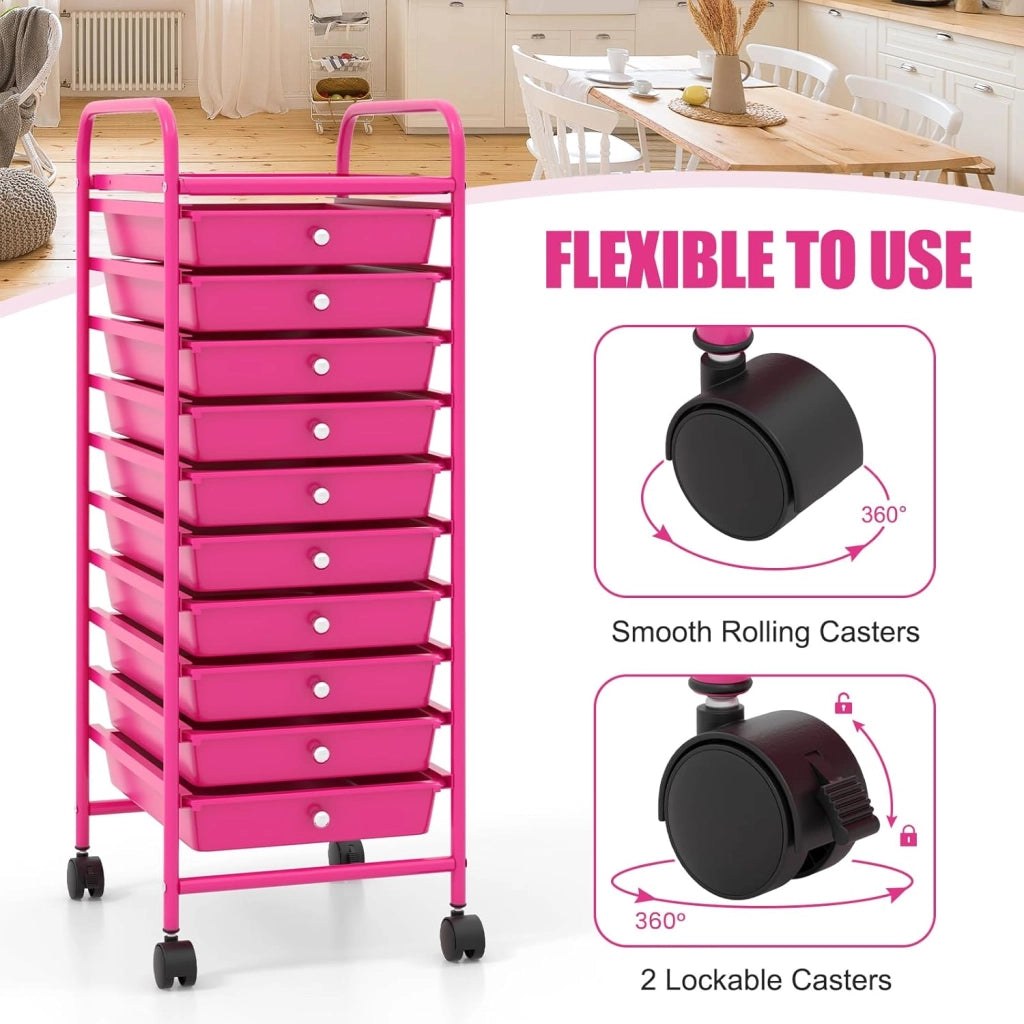 Carrello Portaoggetti con 10 Cassetti Impilabili, Struttura in Metallo e Ruote Bloccabili, Organizer Multiuso per Cucina e Ufficio