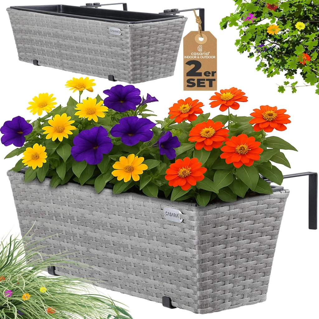 ® 2x Fioriera Balcone 60cm 11L Rattan Supporto Esterno Interno Resistente agli Agenti Atmosferici e ai Raggi UV Rimovibile Ringhiera Vaso Portafiori Rettangolare Fiori Piante Crema