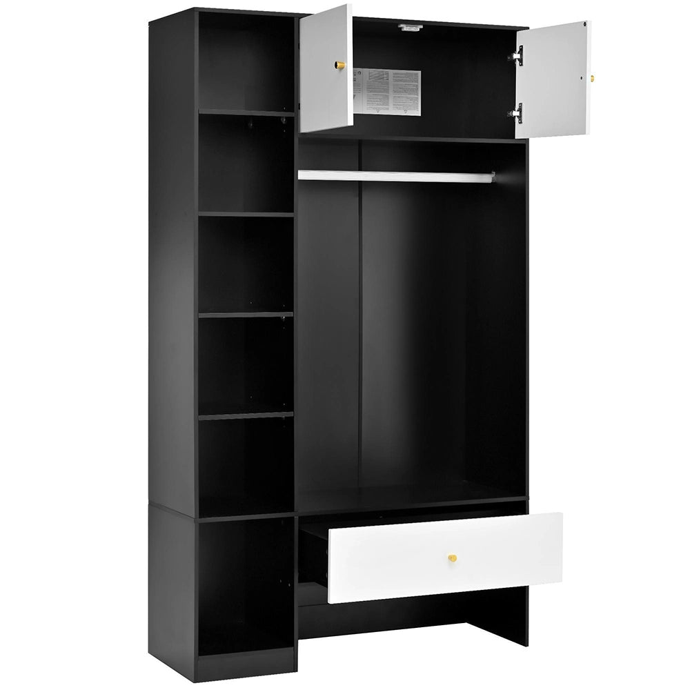Armadio per ingresso compatto - Xylo - 105x185x40 cm - Bianco e nero - 2 ante, 6 scomparti, appendiabiti, cassetto