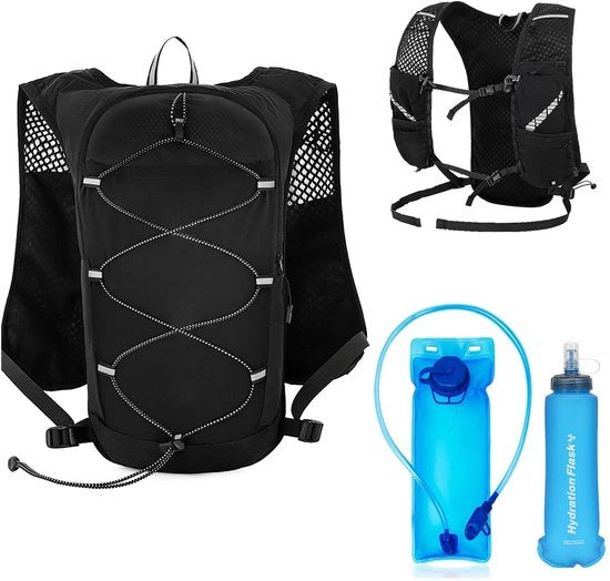 Rugzak percorso trail, ultralight, 160 g, riflettente, cinturino regolabile, borsa sportiva per MTB e motocicletta, impermeabile con contenitore idratante 2 l e bottiglia 500 ml, giacca da corsa per uomini e donne