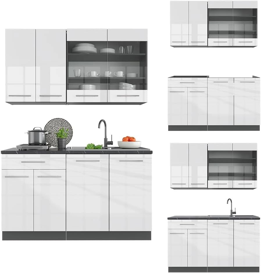Cucina completa Fame-Line, Bianco lucido/antracite, 140 cm senza piano di lavoro, adatto per la combinazione individuale con altri moduli