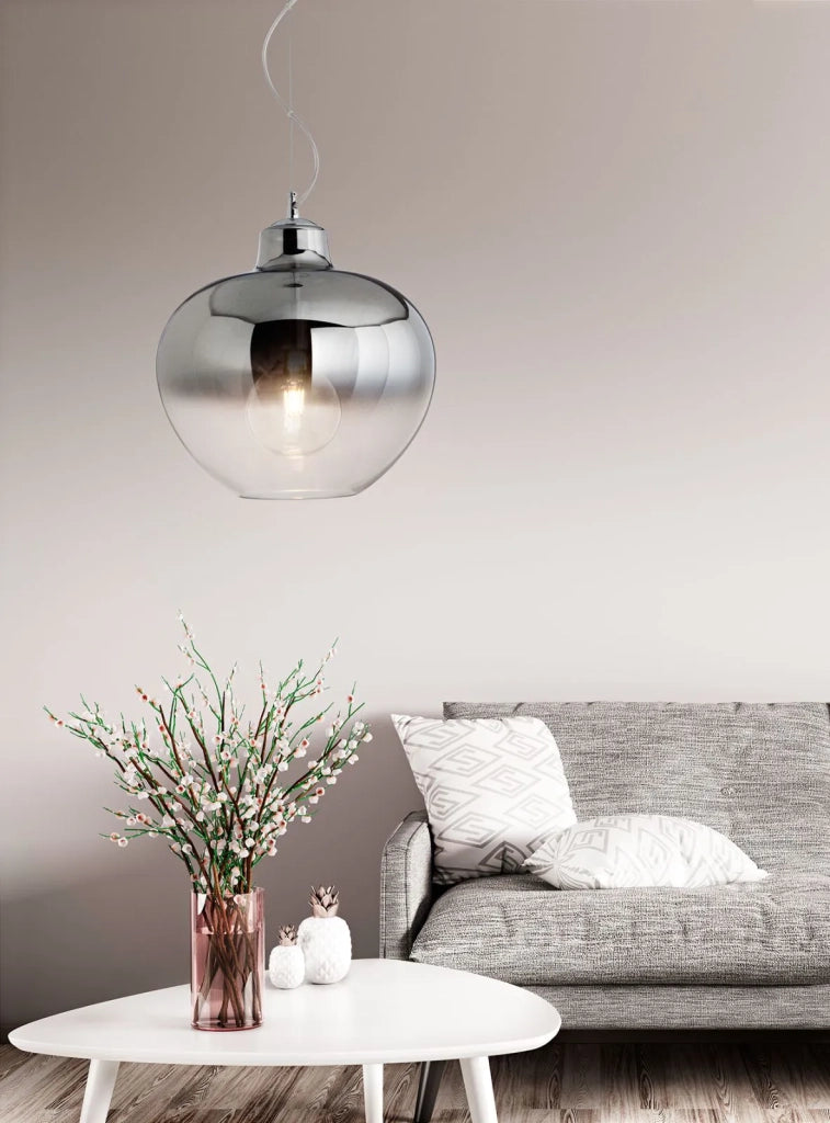 Sospensione vetro  fumé specchiato sfumato + cromo lucido Bowl 1 luce attacco E27 d.36,5cm