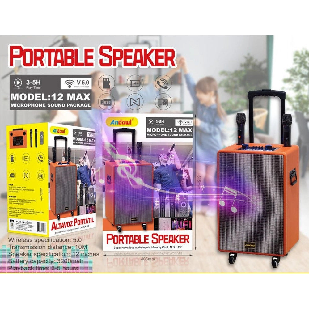 Trade Shop - Altoparlante Portatile Con Funzione Karaoke 2 Microfoni Wireless Telecomando Ruote 12 Max -