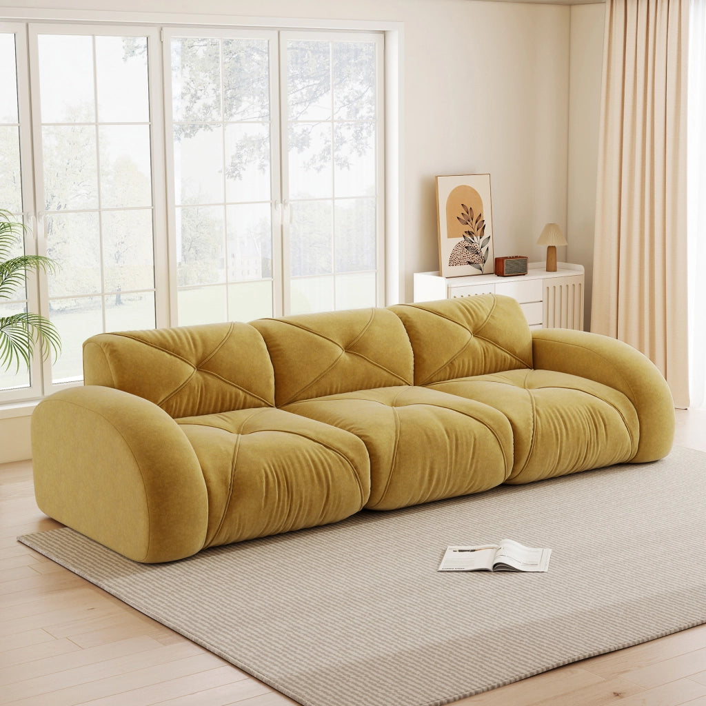 Divano modulare a tre posti in chenille senza montaggio con schiuma 32D e design senza struttura giallo