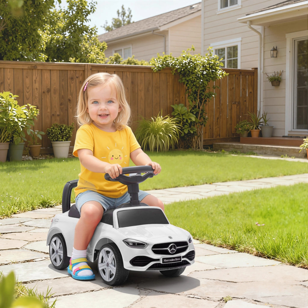 Macchina per Bambini Cavalcabile 65x28x39 cm Licenza Mercedes Benz Clacson e Spazio Portaoggetti Bianco