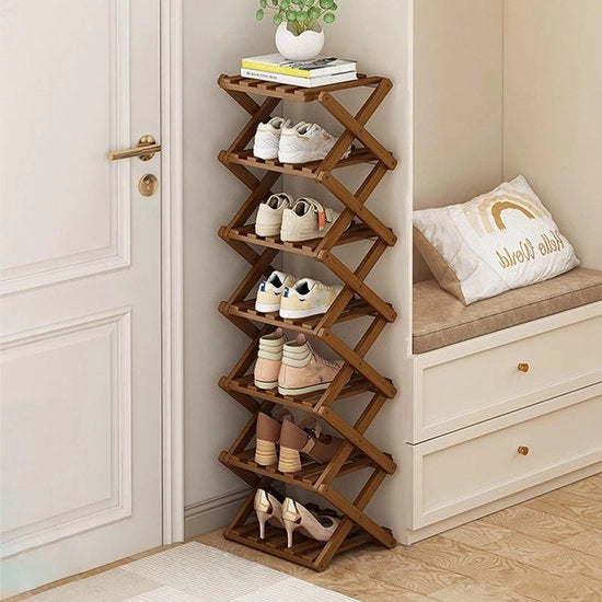Organizzatore per scarpe in bambù - pieghevole - sottile - 7 strati - portatile - spazievitore