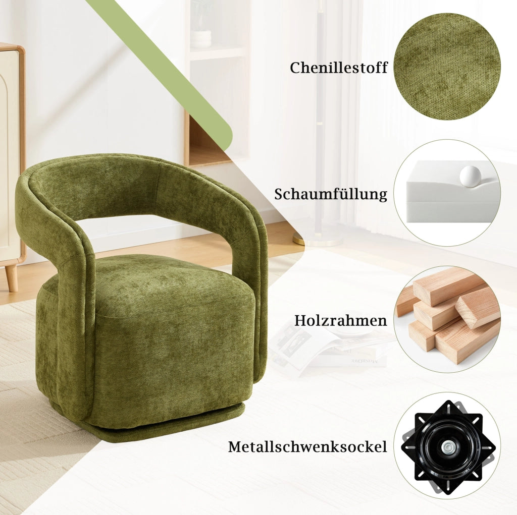 Poltrona girevole 360° in chenille verde, design Barrel Chair