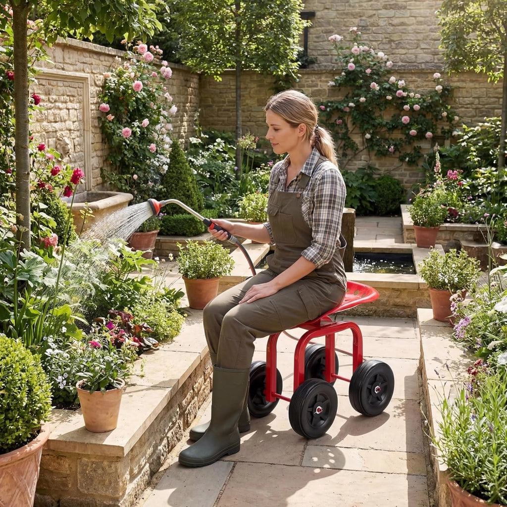 Sgabello con Ruote per Giardinaggio, Sedile con Ruote Regolabile in Altezza e Portatile, Seggiolino da Giardino, Prato e Cortile, Portata 150kg (Rosso)