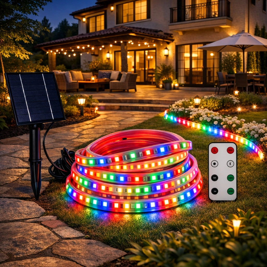 STRISCIA LED SOLARE 10 METRI TELECOMANDO MULTICOLORE RGB PER ESTERNO ET-31613