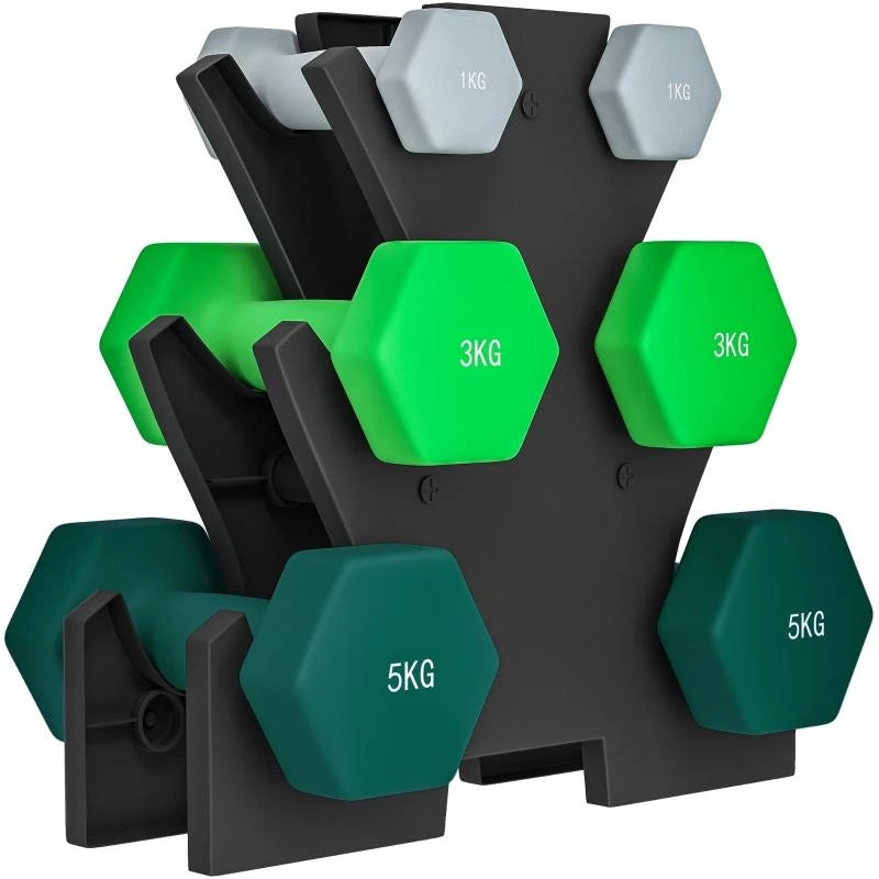 KIT PESI ESAGONALI DA 18 KG TOTALI CON SUPPORTO INCLUSO, IN ACCIAIO, METALLO E PLASTICA, MULTICOLORE