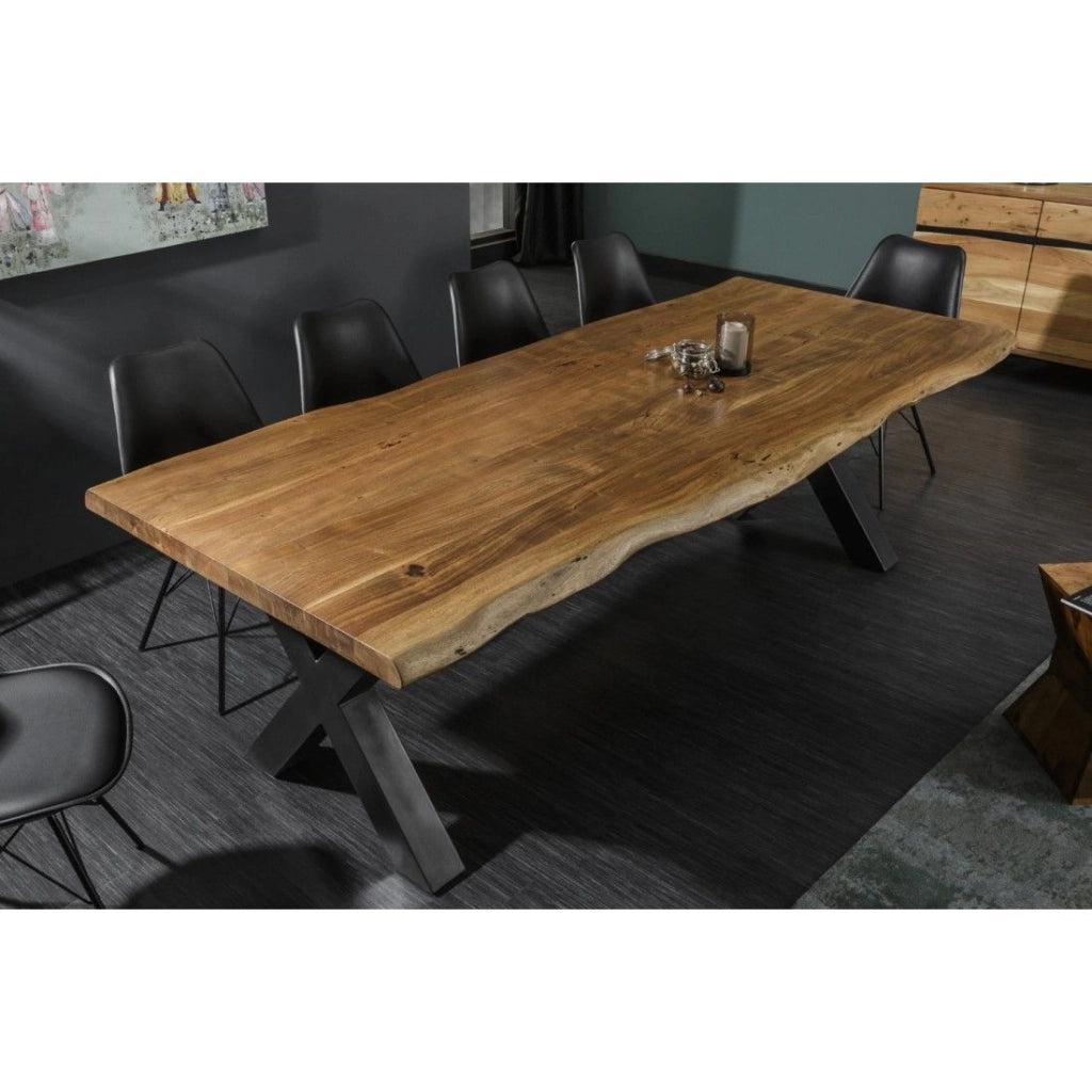 Tavolo da pranzo ARKAYA 240 cm – Piano in legno massiccio di acacia verniciato e gambe in metallo nero a X