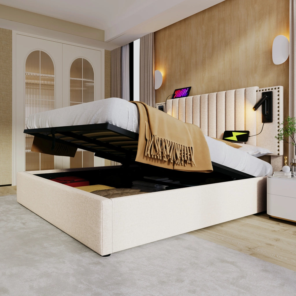 Letto imbottito 160x200 con contenitore - Zephmum- Tessuto in cotone beige, luce LED USB, testiera con borchie