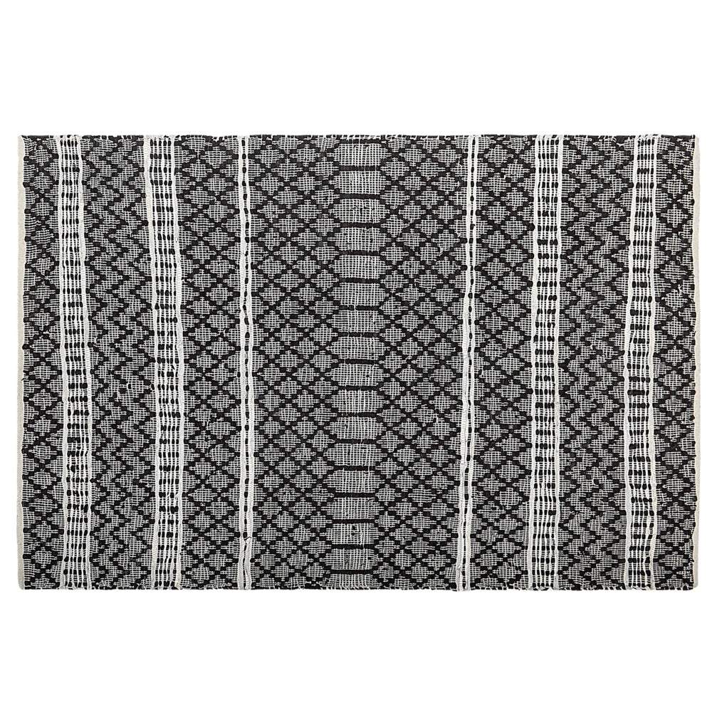 Tappeto tappetino Nero con Beige 140 x 200 cm Moderno Contemporaneo Tessuto a Mano in Vera Pelle Cotone Motivo Chevron