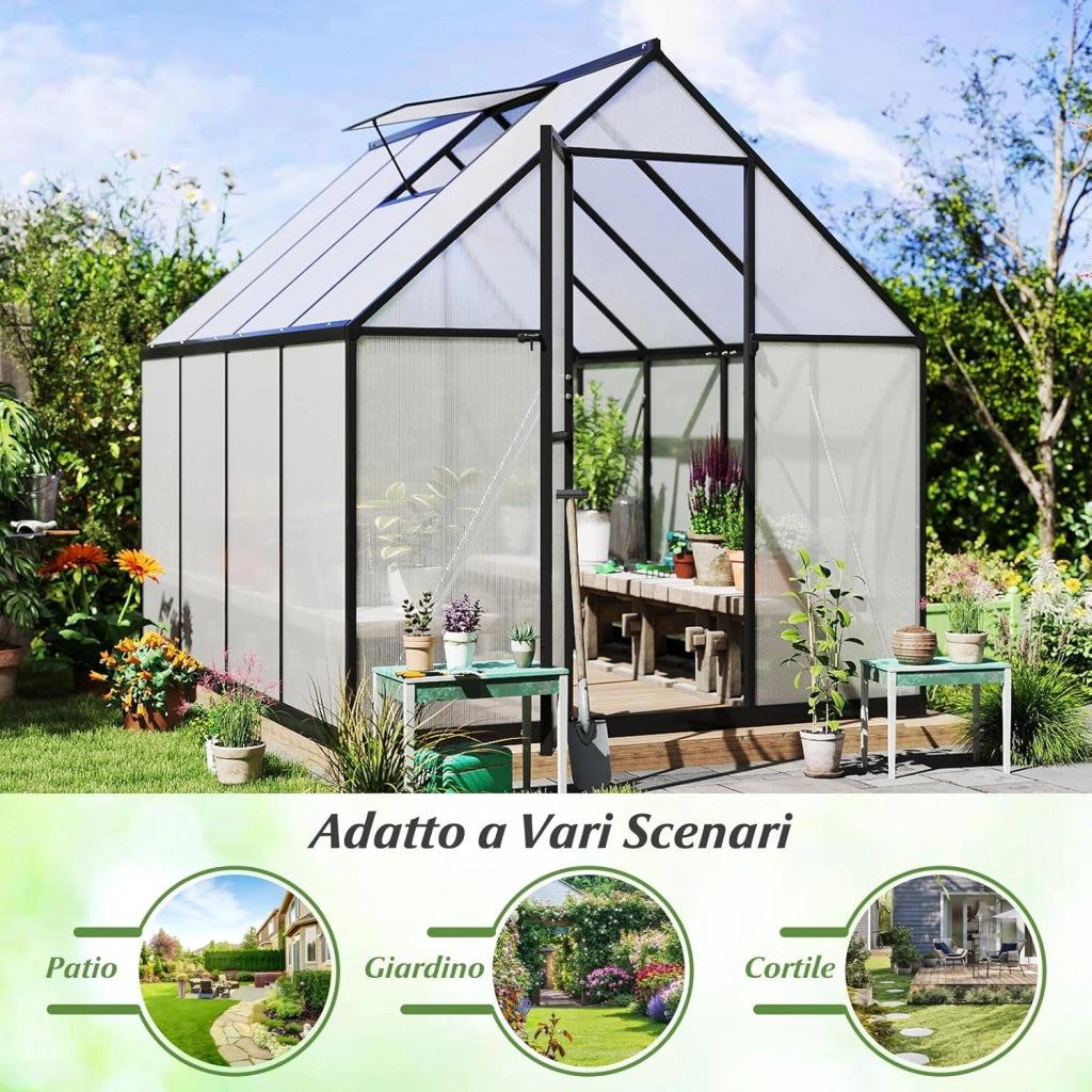 Serra da Giardino in Lega di Alluminio 250 x 190 x 195 cm, con Porta Bloccabile e Lucernario Regolabile, Pannello Trasparente in PC, Serra da Esterno per Piante, Fiori e Frutta