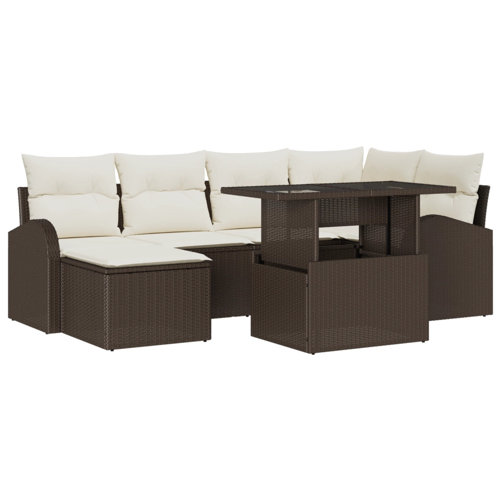 Set Divano da Giardino da 7 Pezzi con Cuscini Marroni in Rattan Poly