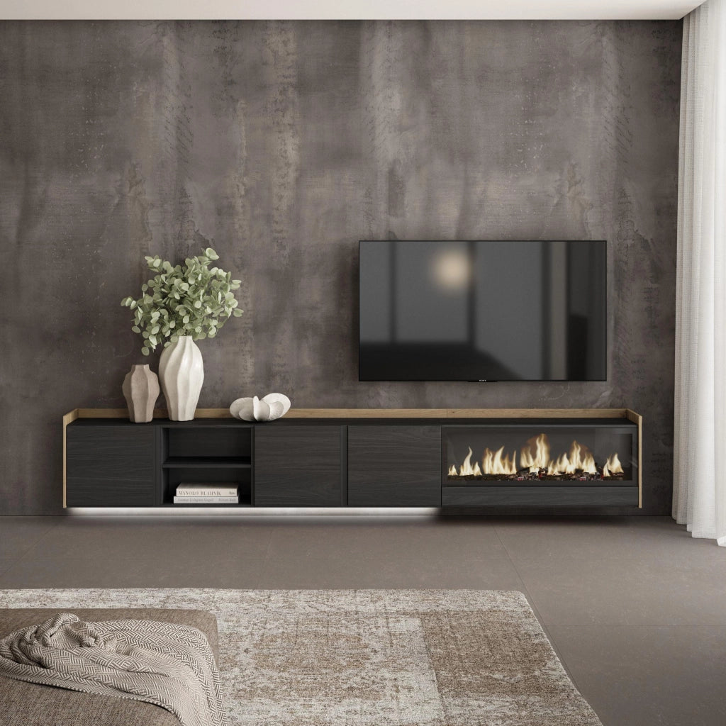 Mobile TV Soggiorno, 315x50x35 cm, Per TV fino a 80", Camino elettrico XXL, Sospeso, da appendere, LED, Nero e rovere