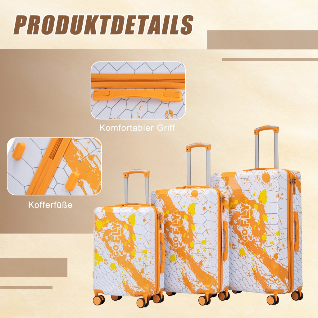 Set di 3 valigie da 20"/24"/28" in materiale PC con stampa fantasia e lucchetto a combinazione (arancione)