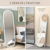 Specchio a Figura Intera da Terra con Supporto Pieghevole, Vetro e Metallo, 40x41x159 cm, Bianco