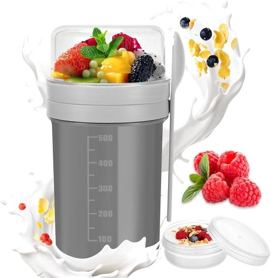 Bicchiere per cereali colazione, 550 ml + 250 ml Bicchiere per yogurt per bambini, Bicchiere yogurt con cucchiaio, Bicchiere per cereali colazione, Scatola per cereali colazione, Bicchiere per pap, Bicchiere per bere senza tappo (grigio)