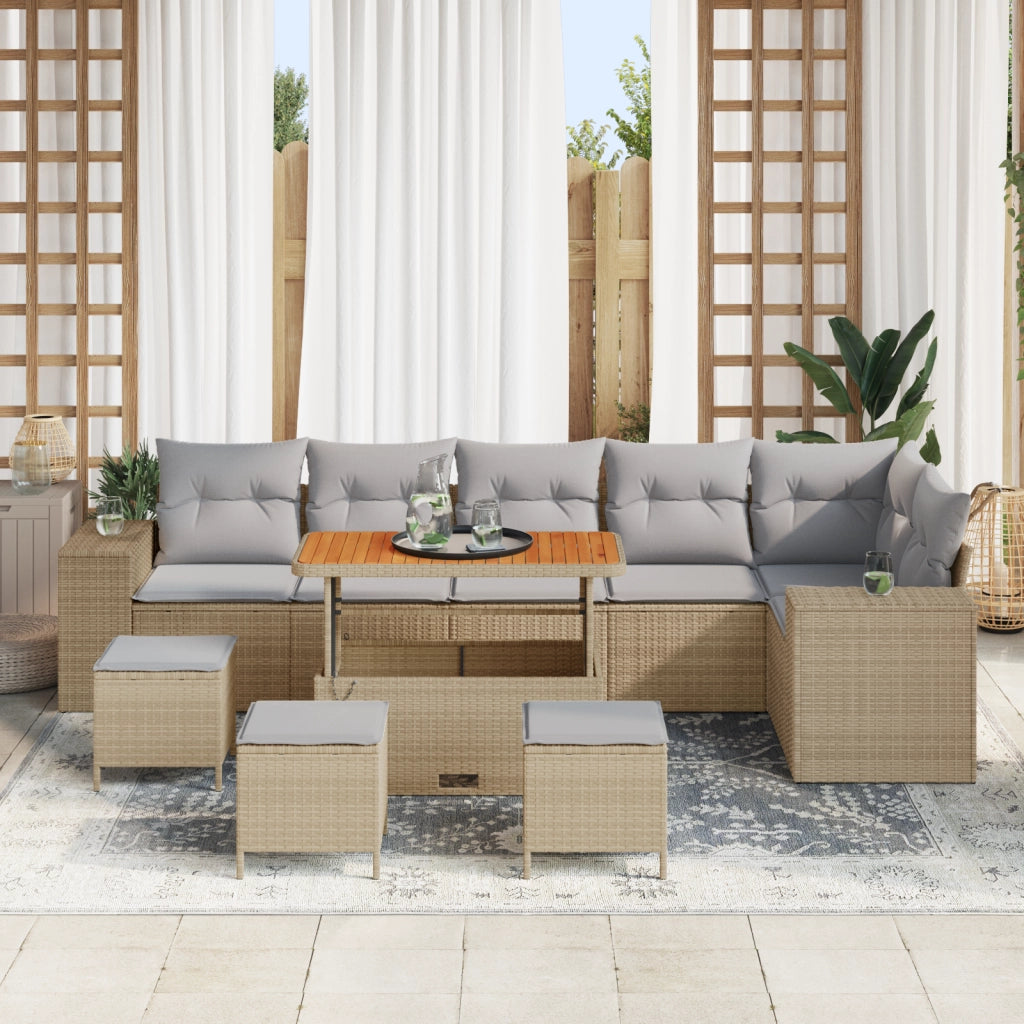 Set di Divani da Giardino in Polyrattan Beige 10 pezzi con Cuscini di