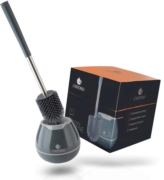 Set di spazzole per il water WC con asta di sostegno in acciaio inossidabile e spazzola in silicone antibatterico con supporto in silicone nero