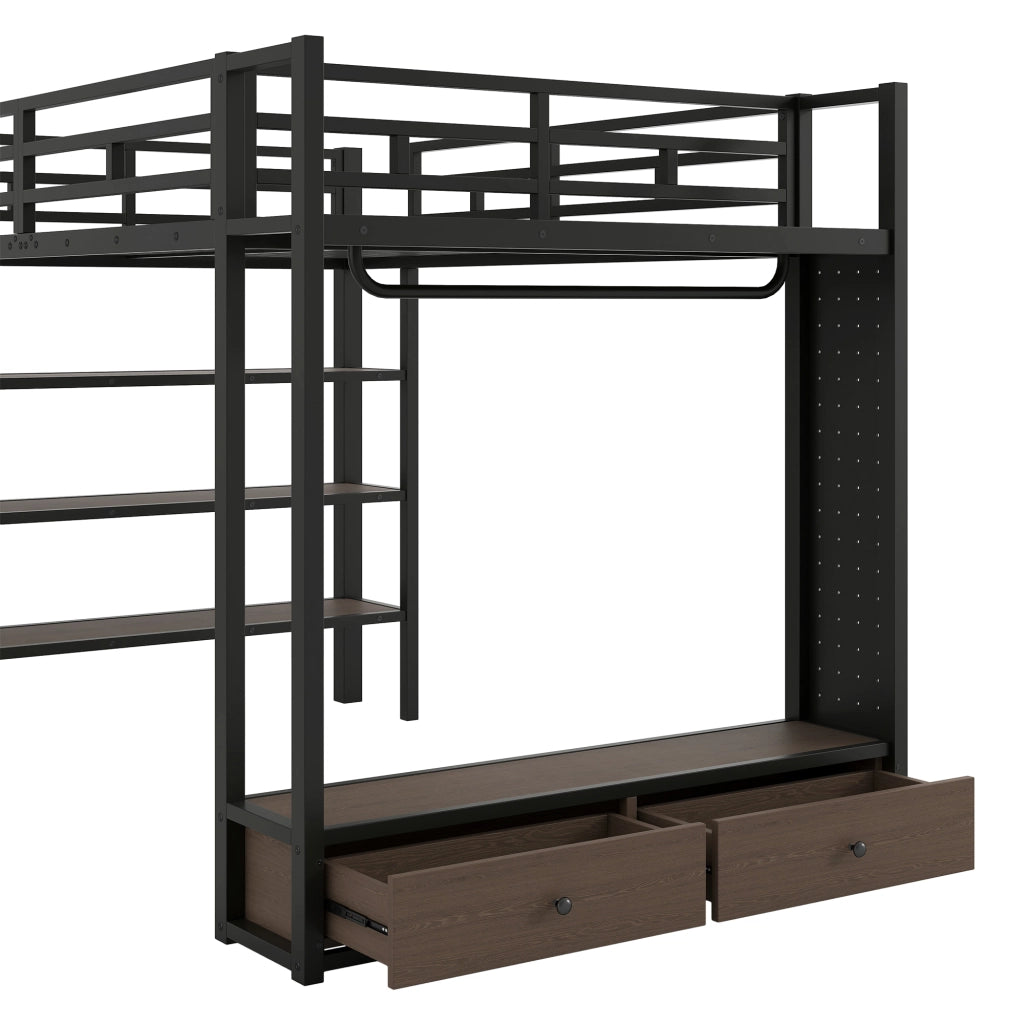 Letto a soppalco 140x200 - Zephmum - Armadio aperto, scaffali, pannello forato, illuminazione LED, nero