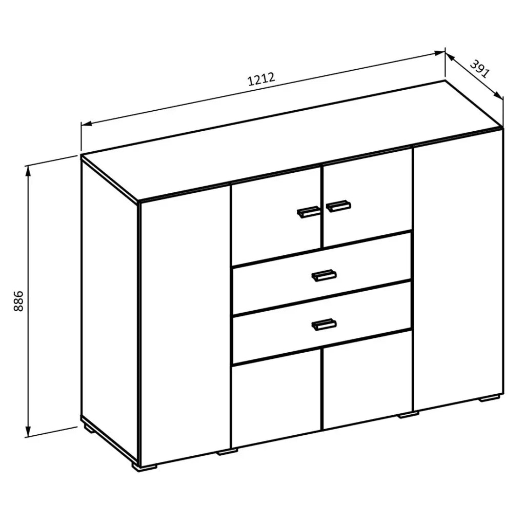 Buffet piccolo modello 120cm collezione KOBEE con 2 porte e 2 cassetti. Colore bianco e rovere.